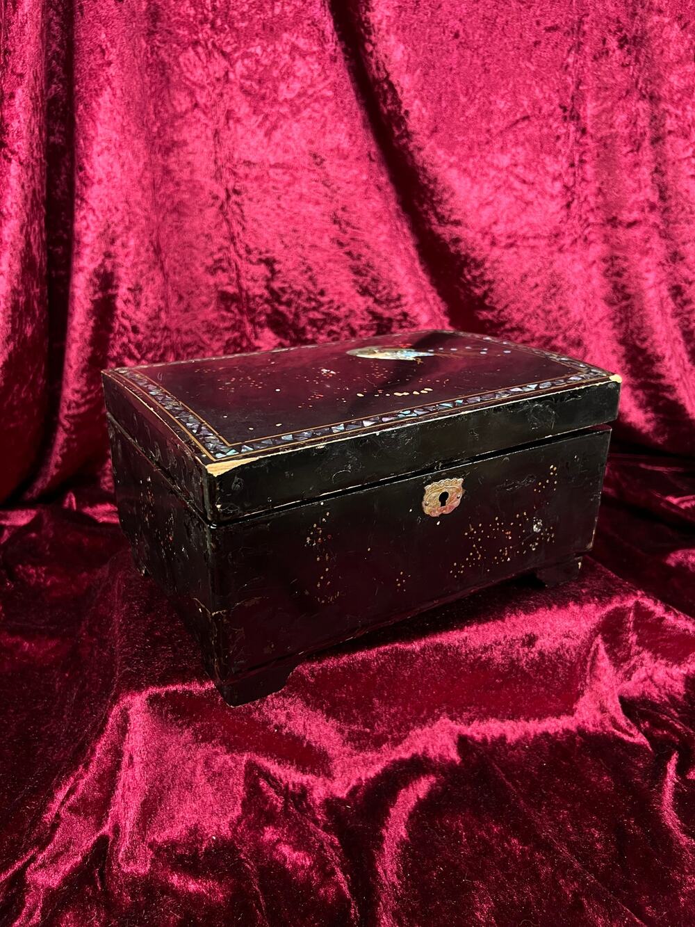 Vintage Black Lacquer Jewelry Box - Mother of Pearl Painted Peacock Vanity Chest
